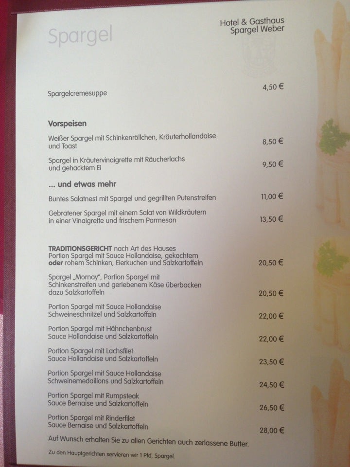 Speisekarte von Spargel-Weber Hotel und Gasthof in Alfter in Alfter mit ...